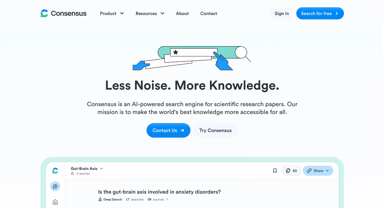 Consensus homepage South Digital developed, with the Less Noise. More Knowledge. hero and search interface