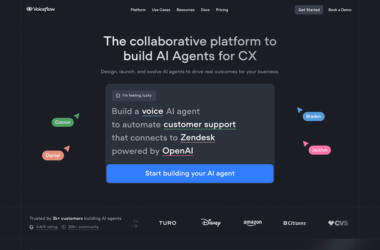 Screenshot of the website built by South Digital, Ongoing design and development support for Voiceflow’s marketing site