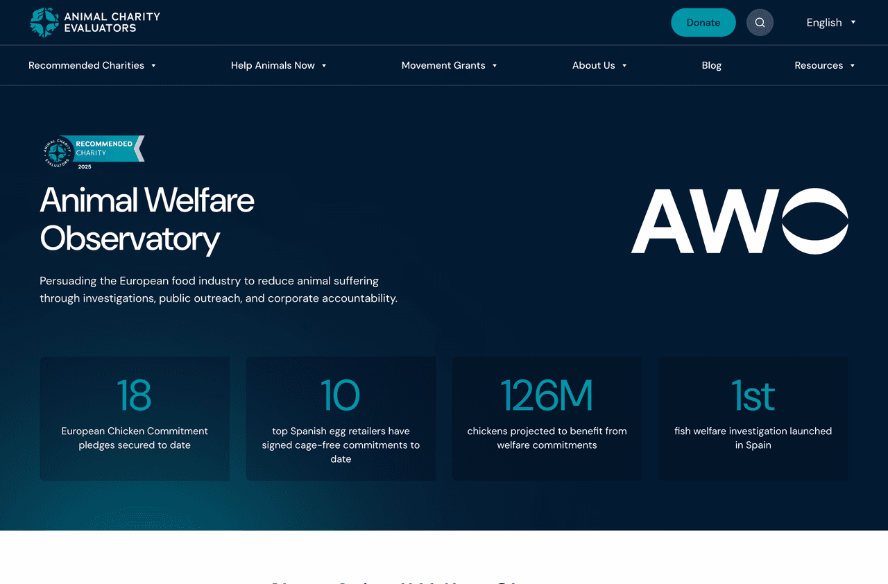 Screenshot of the website built by South Digital, Ongoing design and development support for Animal Charity Evaluators