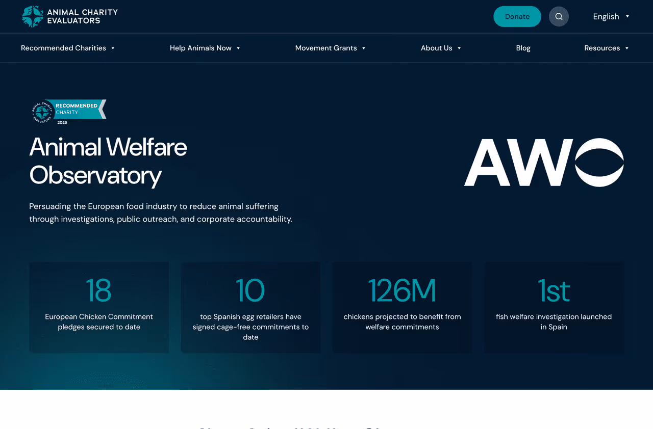 Screenshot of the website built by South Digital, Ongoing design and development support for Animal Charity Evaluators