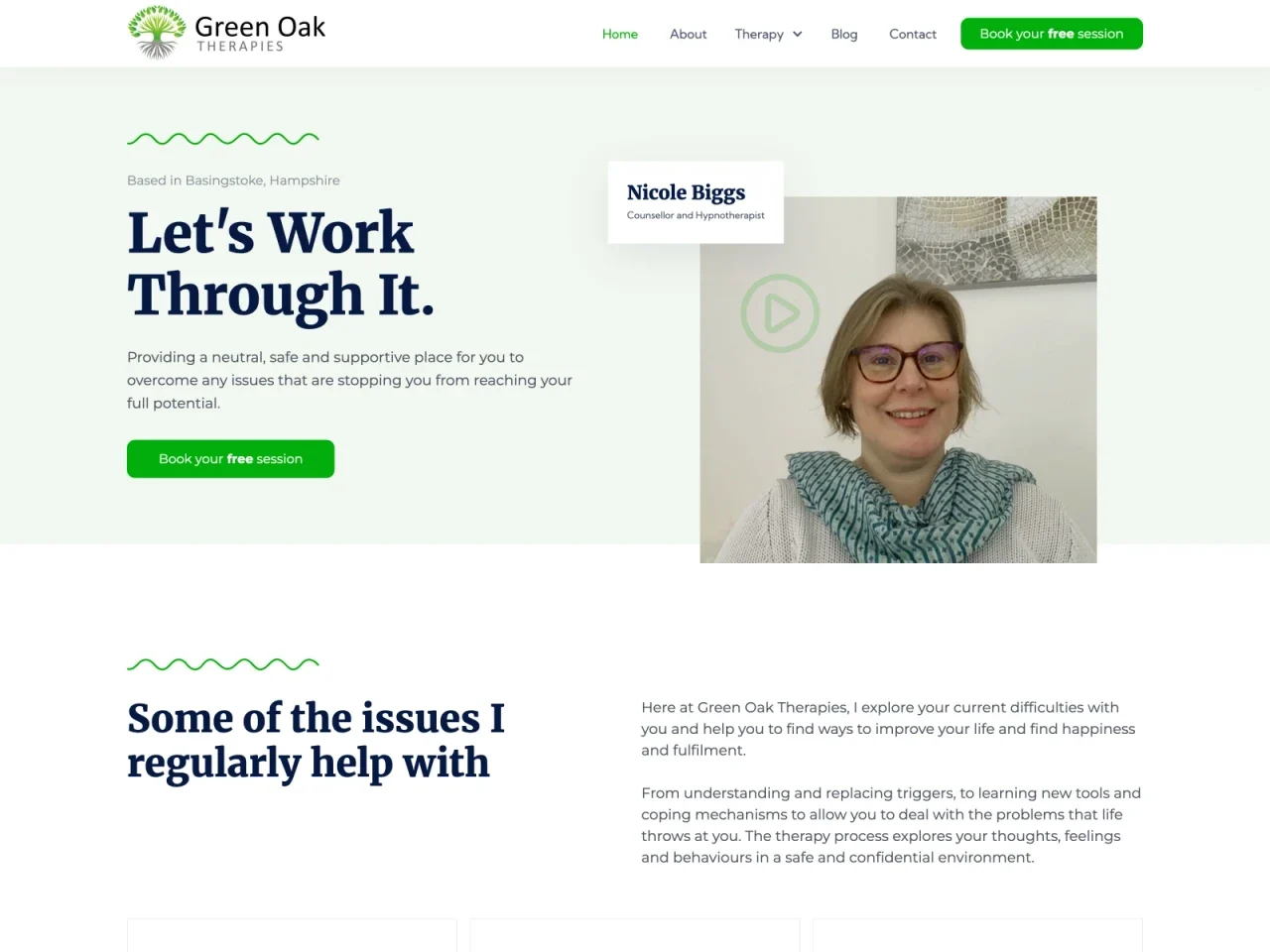 Screenshot of the website built by South Digital, Website redesign for Green Oak Therapies, moving away from a GoDaddy build