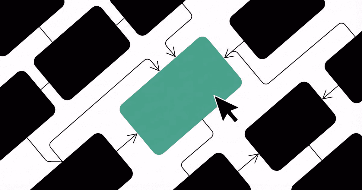 Abstract network of linked panels converging on a central block, representing backlinks.