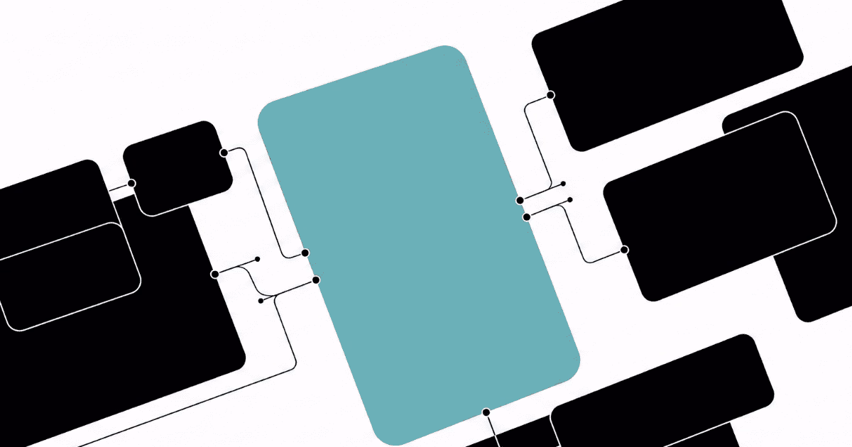 Abstract main card fed by smaller panels, representing structured case-study writing.