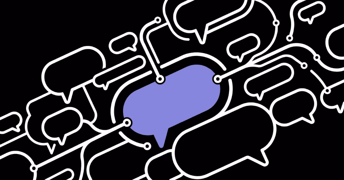 Abstract cluster of speech bubbles with central hub, representing chatbot setup and routing.