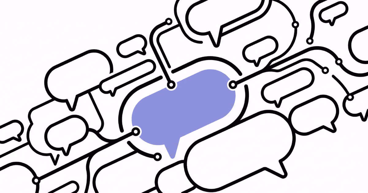 Abstract cluster of speech bubbles with central hub, representing chatbot setup and routing.