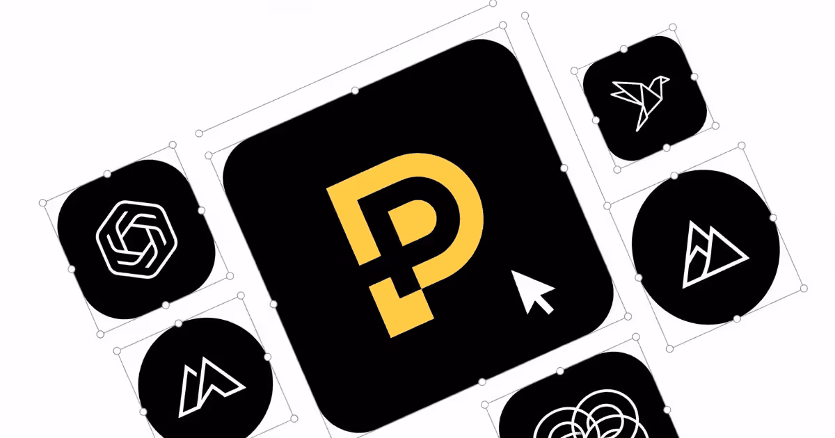 Abstract logo board with central symbol and alternate marks, representing logo design exploration.