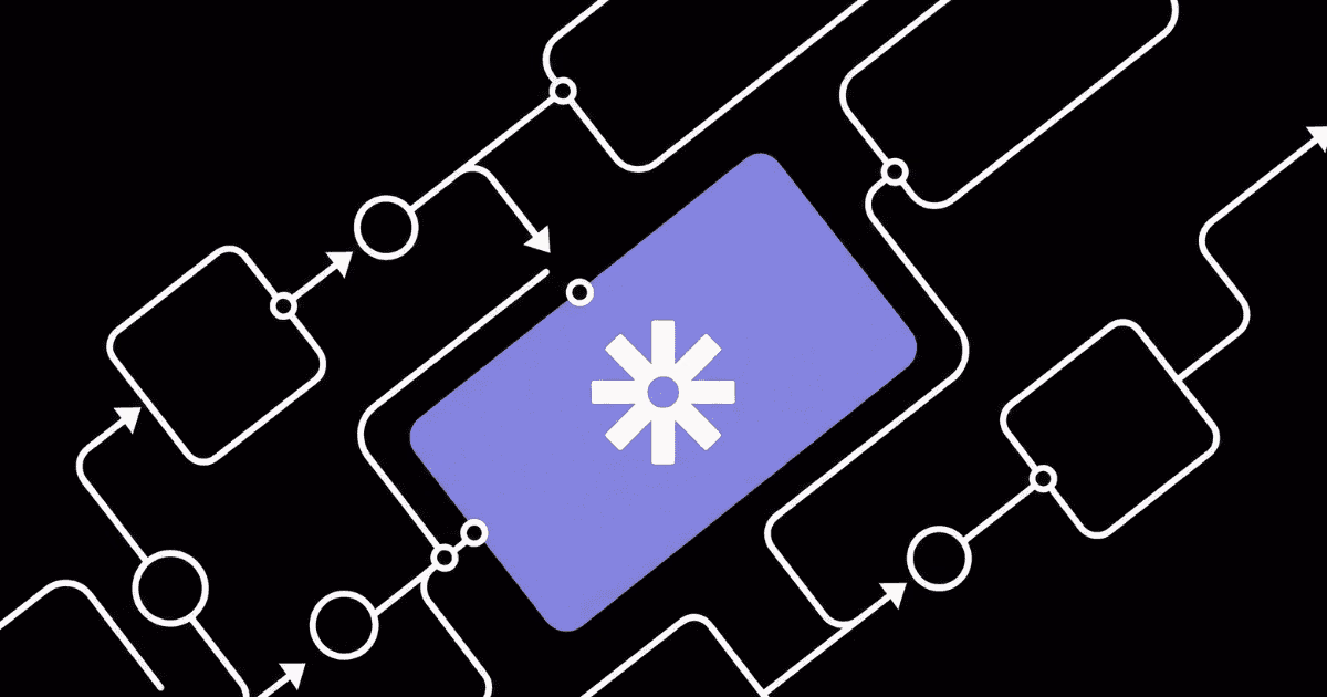 Abstract network of app tiles feeding a central tile, representing Zapier automation.