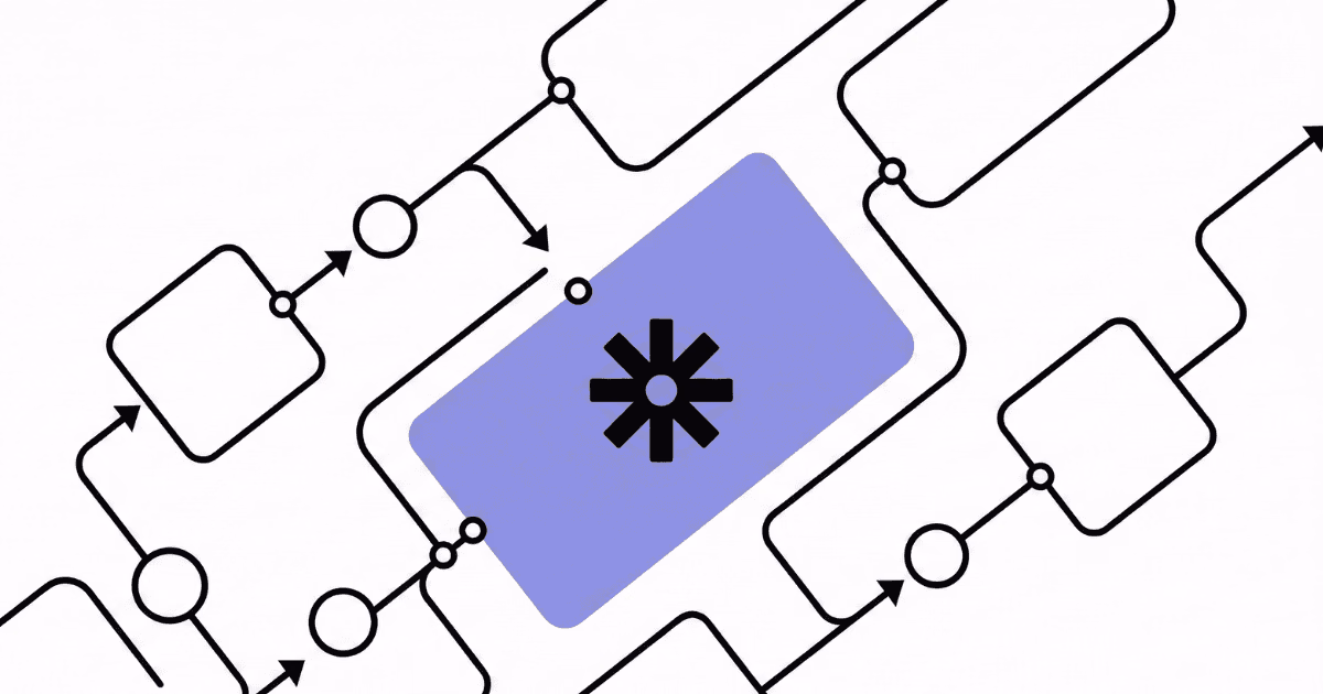 Abstract network of app tiles feeding a central tile, representing Zapier automation.