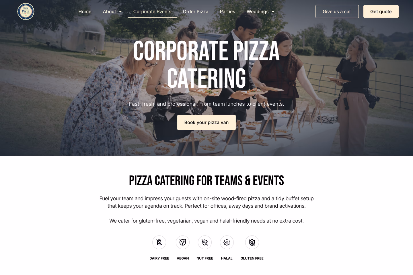 Siena Pizza corporate catering page