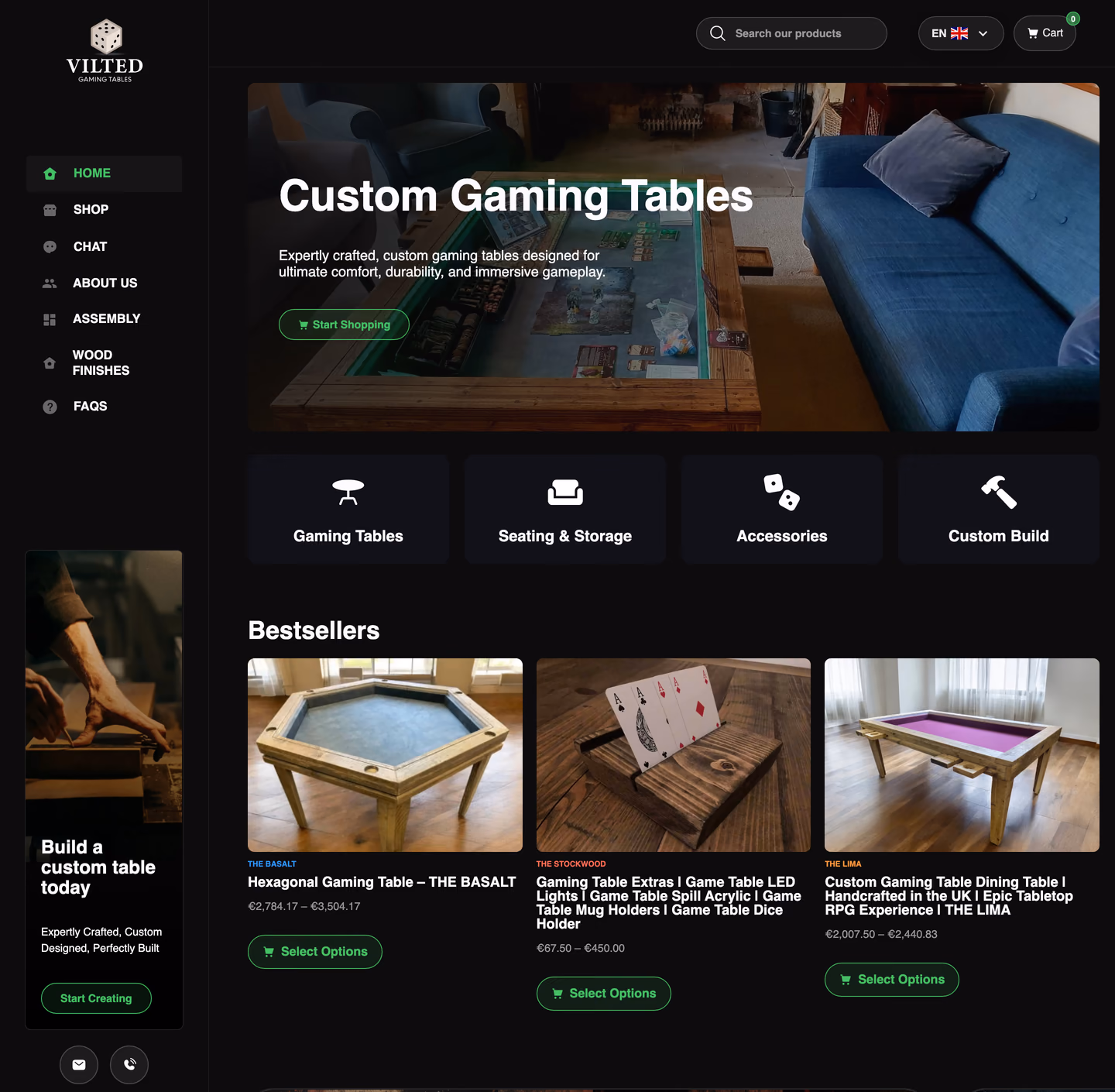 Vilted Gaming Tables website