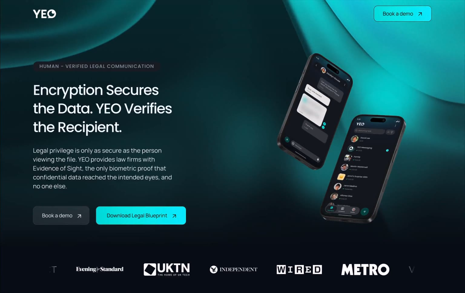 Original YEO Messaging legal campaign, with two messaging app screens beside the headline Encryption Secures the Data. YEO Verifies the Recipient.