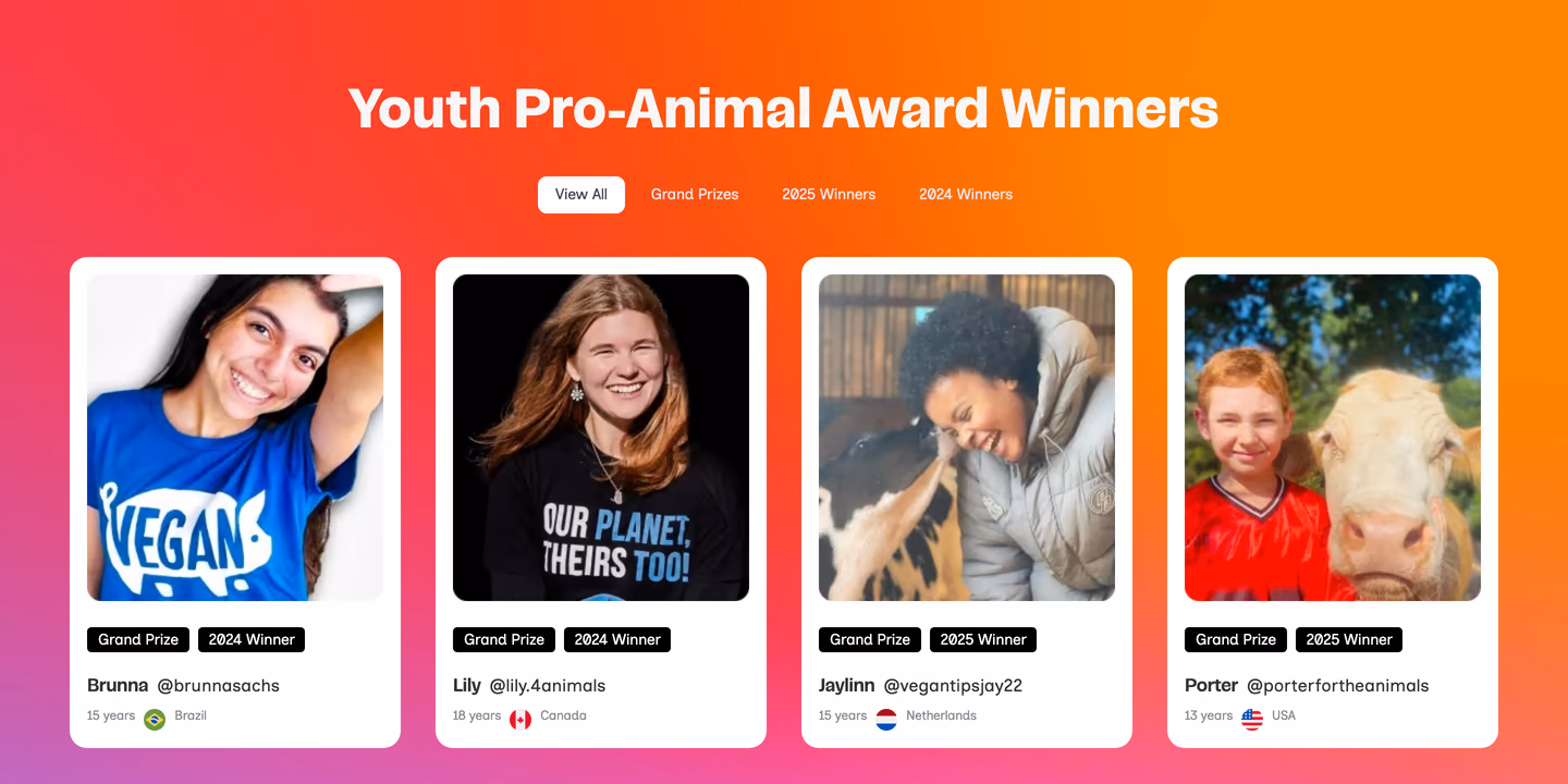 Youth Pro Animal Awards winners website