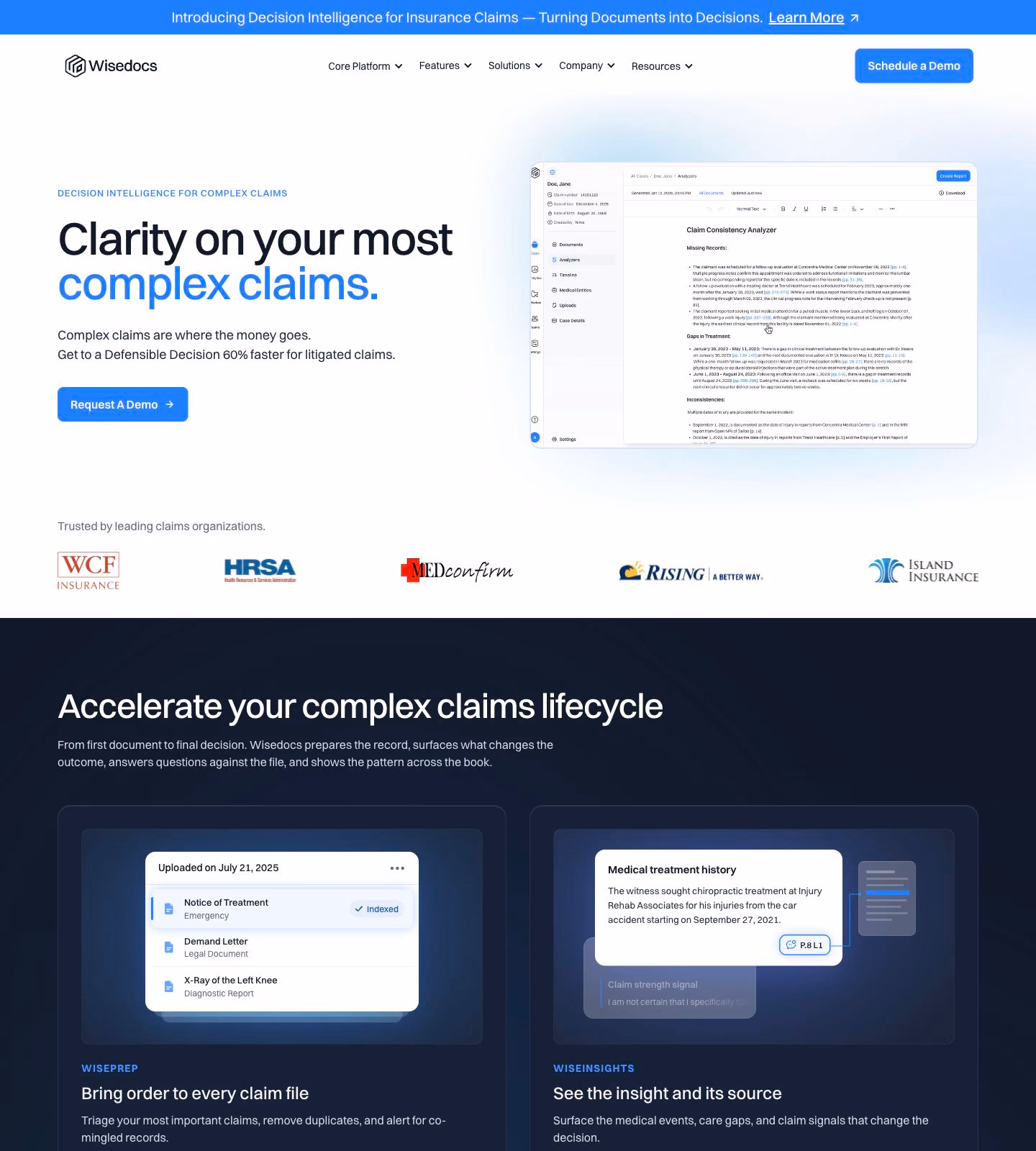 Wisedocs homepage with a blue headline, product demonstration and customer logo row.