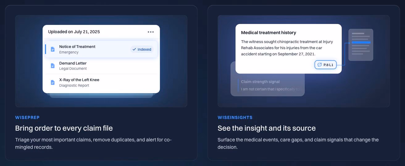 WisePrep and WiseInsights cards combine illustrated document interfaces with concise product descriptions.