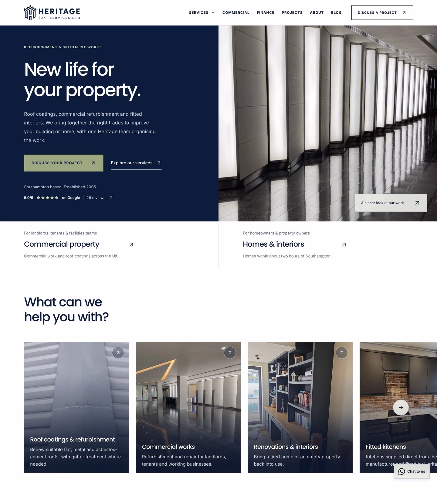 Heritage homepage with navy service introduction, commercial interior photography and routes for commercial property and homes.